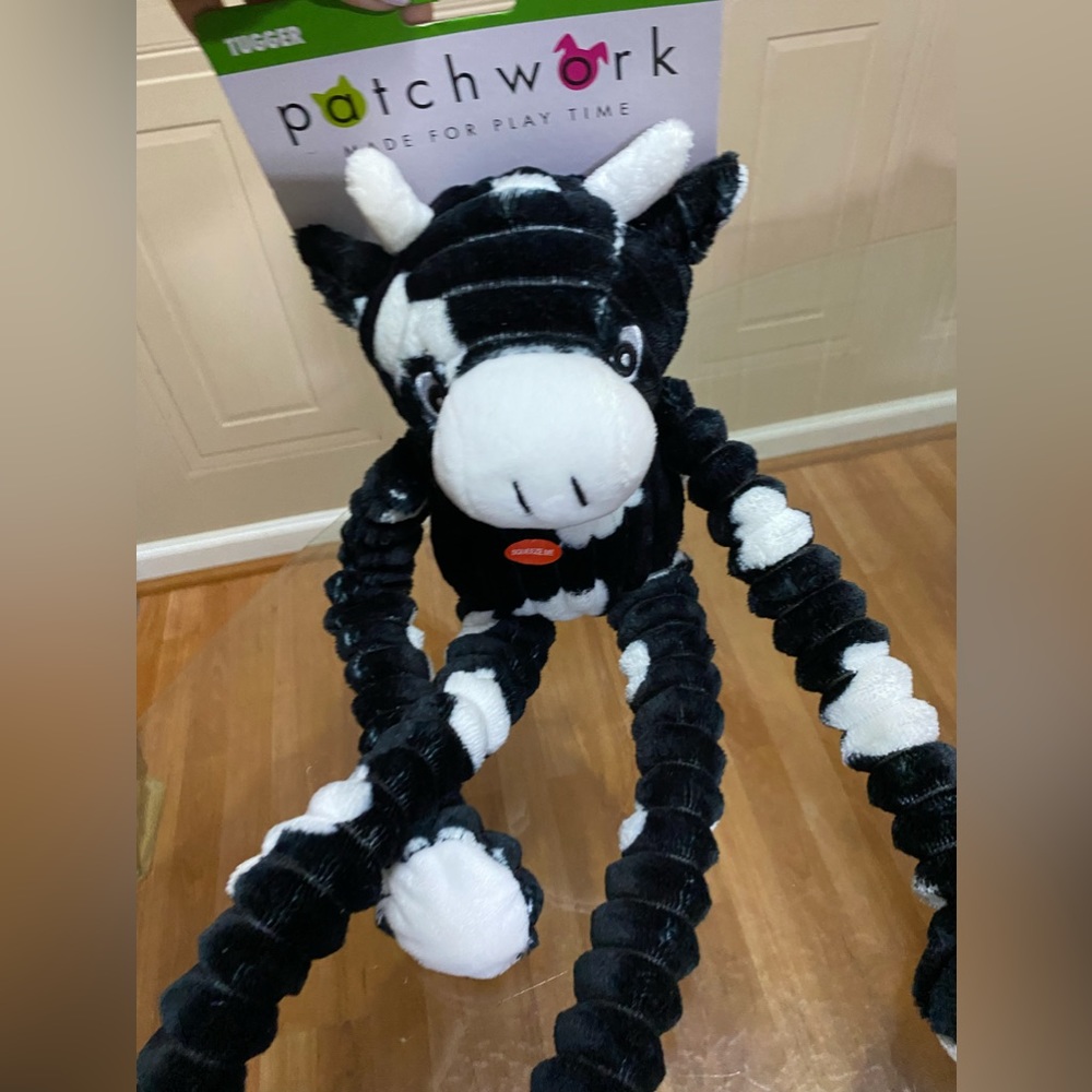 - Brand New Patchwork Large Tugger Cow Dog Toy With Squeaker,24”
